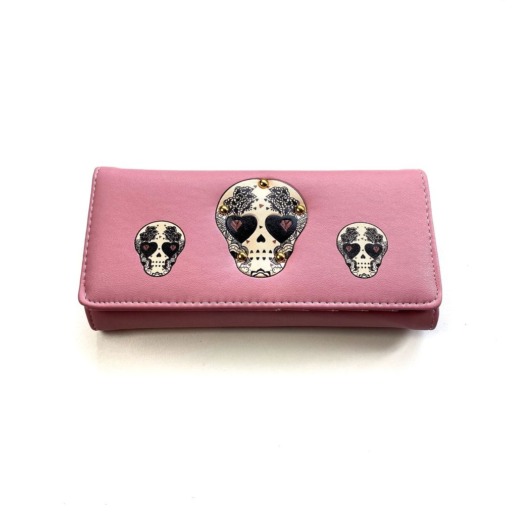 New Women's Pink Sugar Skull Studded Large Wallet